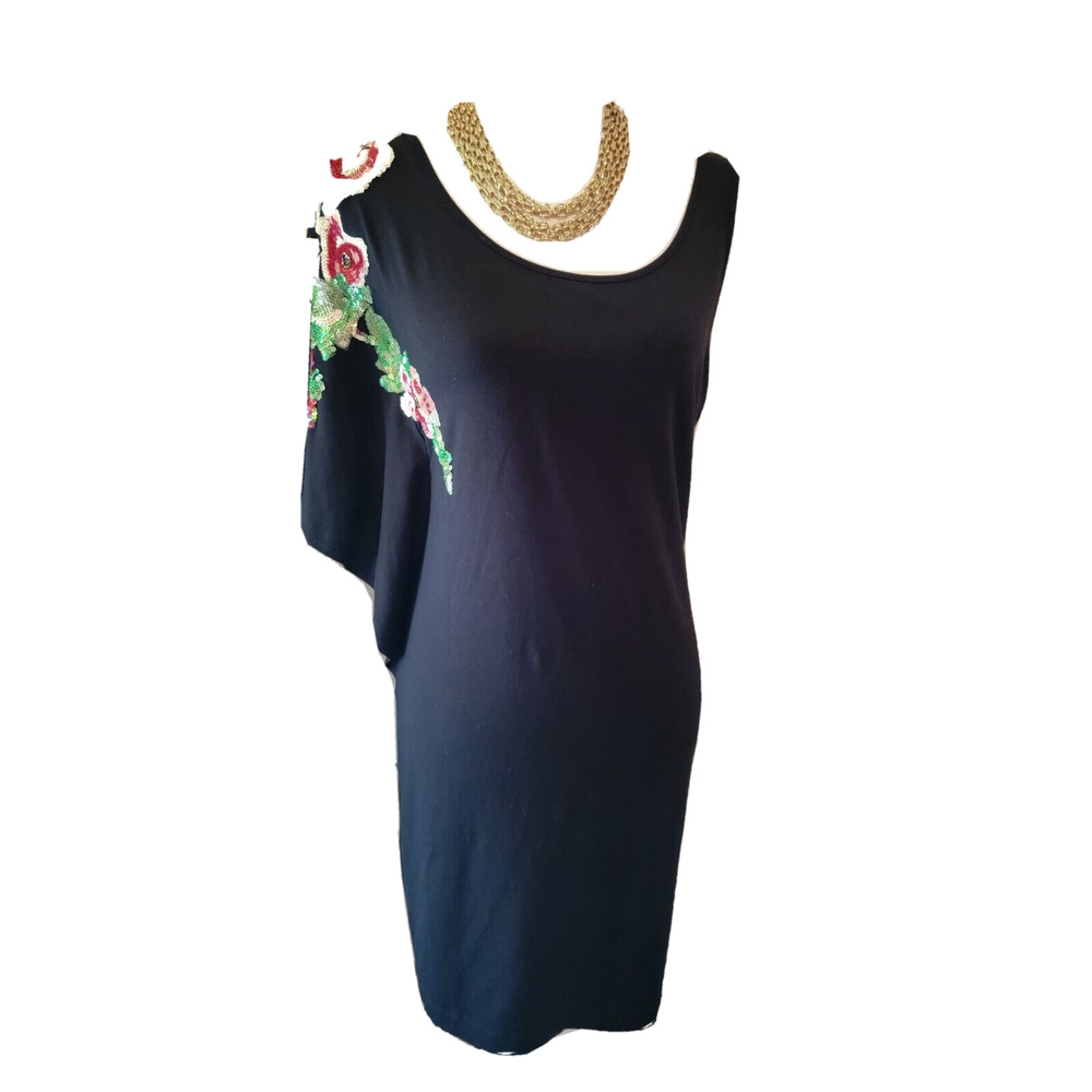 Cache Dress One Shoulder Sequin Embellished Slinky Knit Black Sleeveless Small